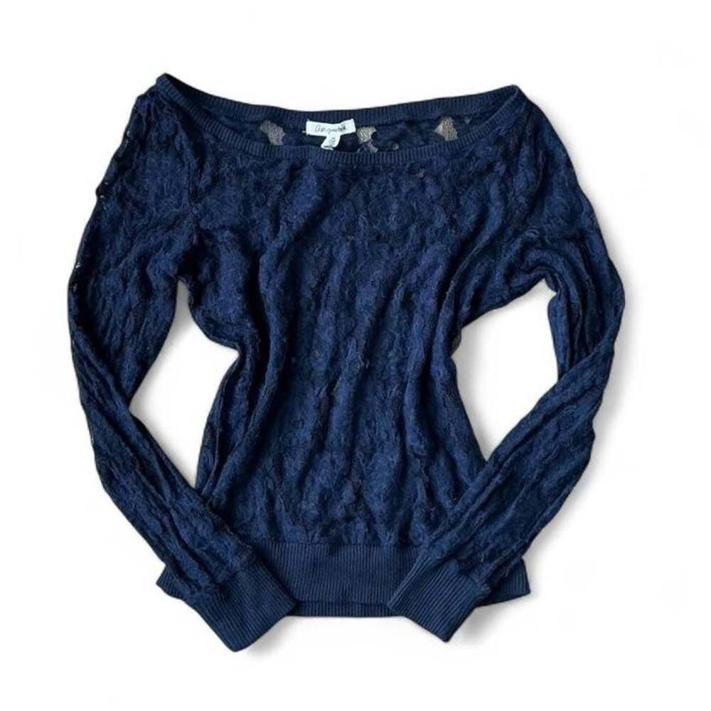 Y2K Aeropostale Navy Lace Wide‑Neck Long Sleeve Top – Women’s Medium